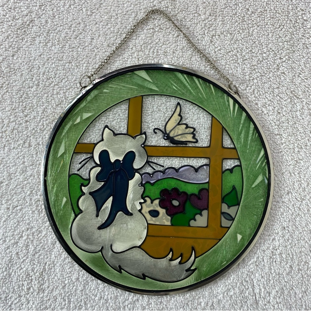 Stained Glass Cat Watching Butterfly Suncatcher